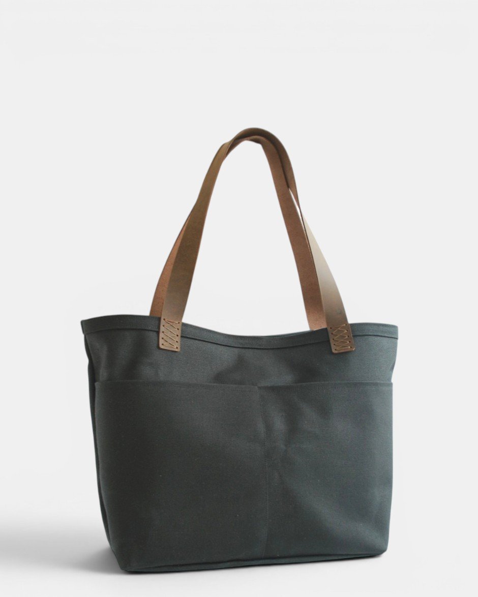 Waxed Canvas Tote Bag Siyah Deri Askılı