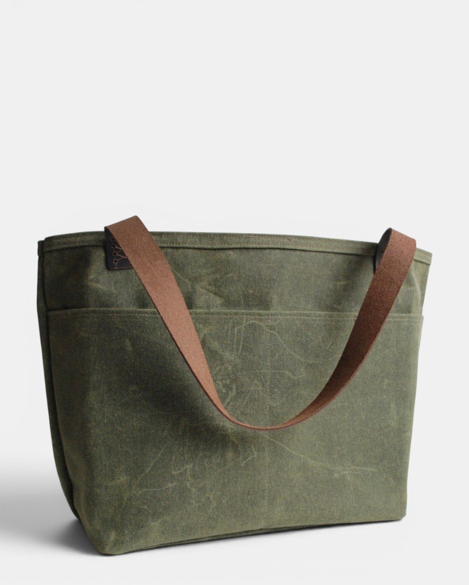 Waxed Canvas Tote Bag Haki Deri Askılı
