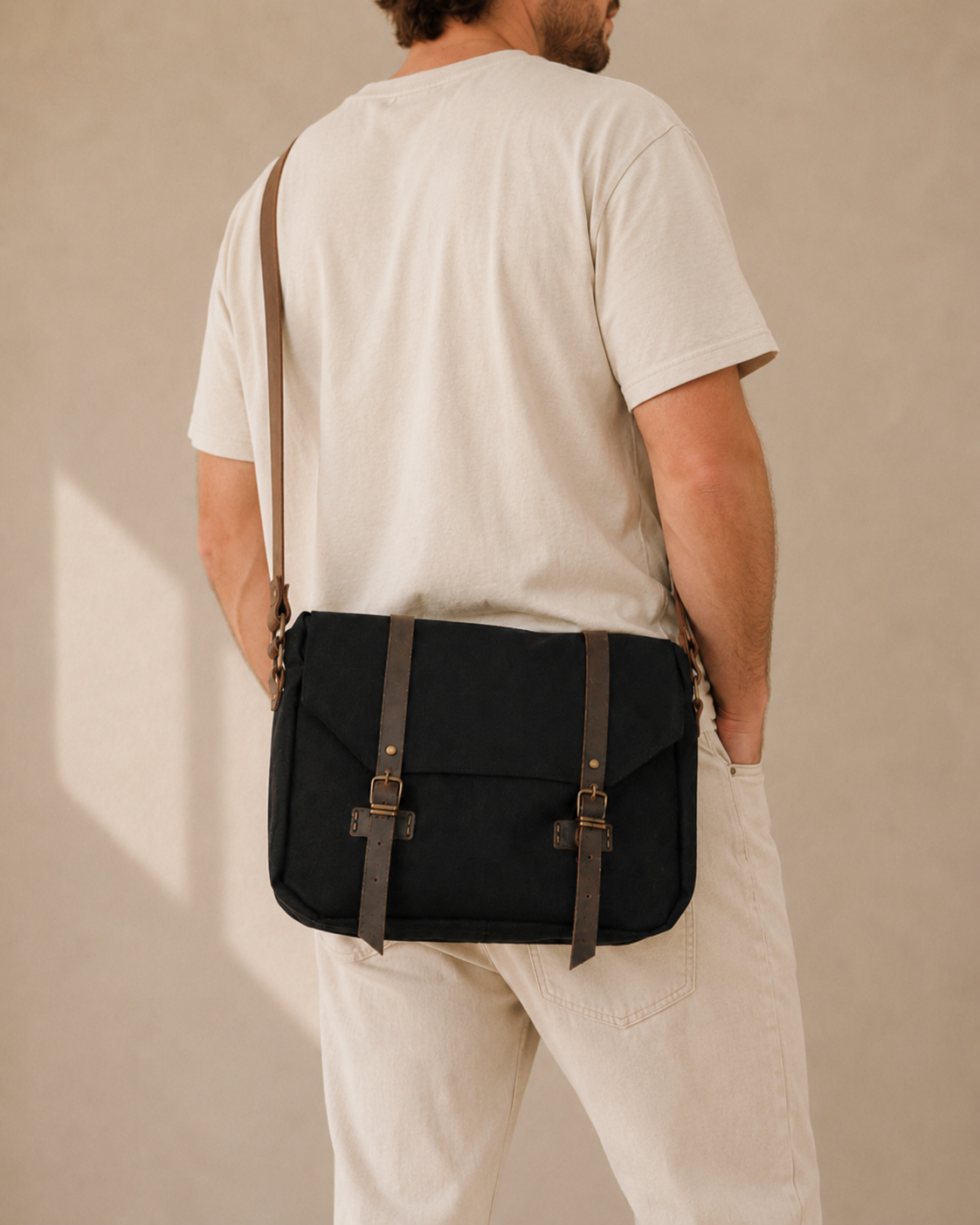 Waxed Canvas Messenger Bag Siyah - Görsel 3